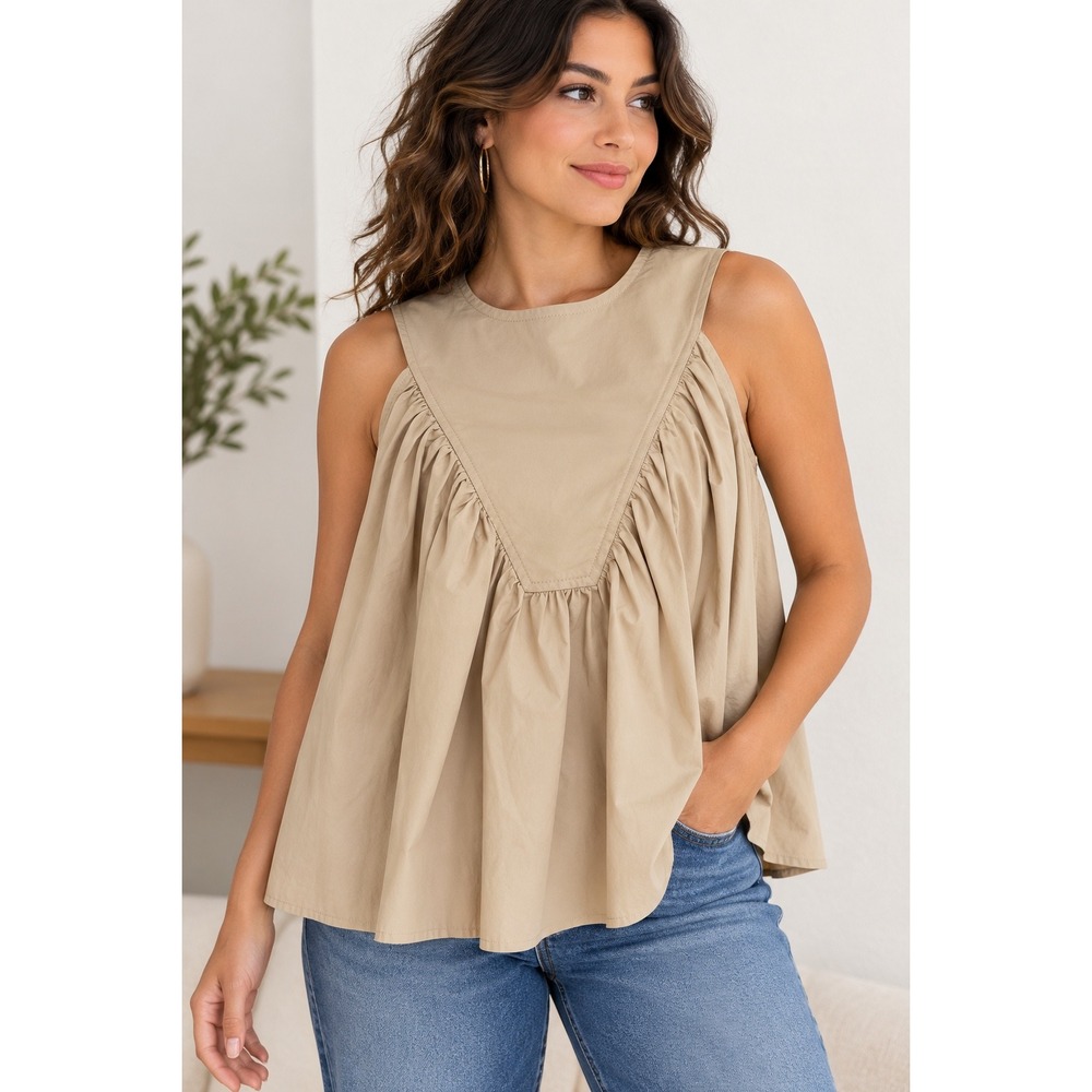 Heyson Sleeveless Cotton Babydoll Tank Top Khaki Tan Boho Peplum
